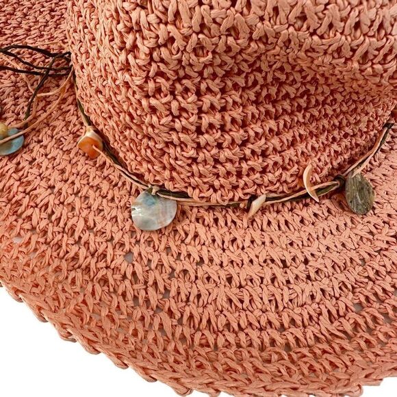 Hat Stuff Pink Woven Floppy Wide Brim Hat Shell Beaded Band Womens OS Bohemian - Picture 4 of 8